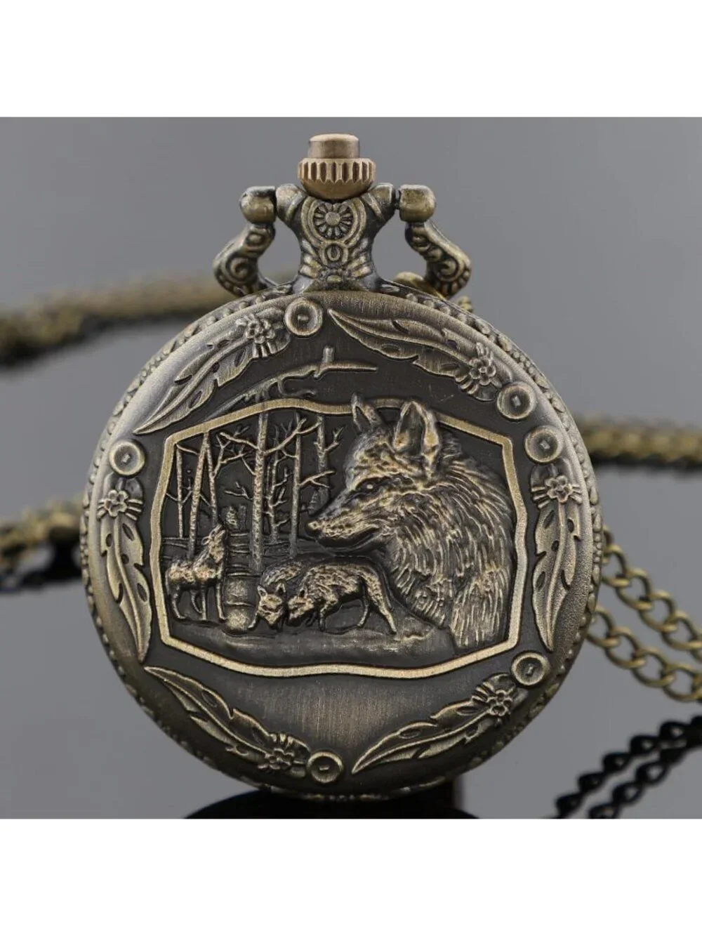 Men's Brown Analog Quartz Arabic Numerals Engraved Wolf Vintage Pocket Watch